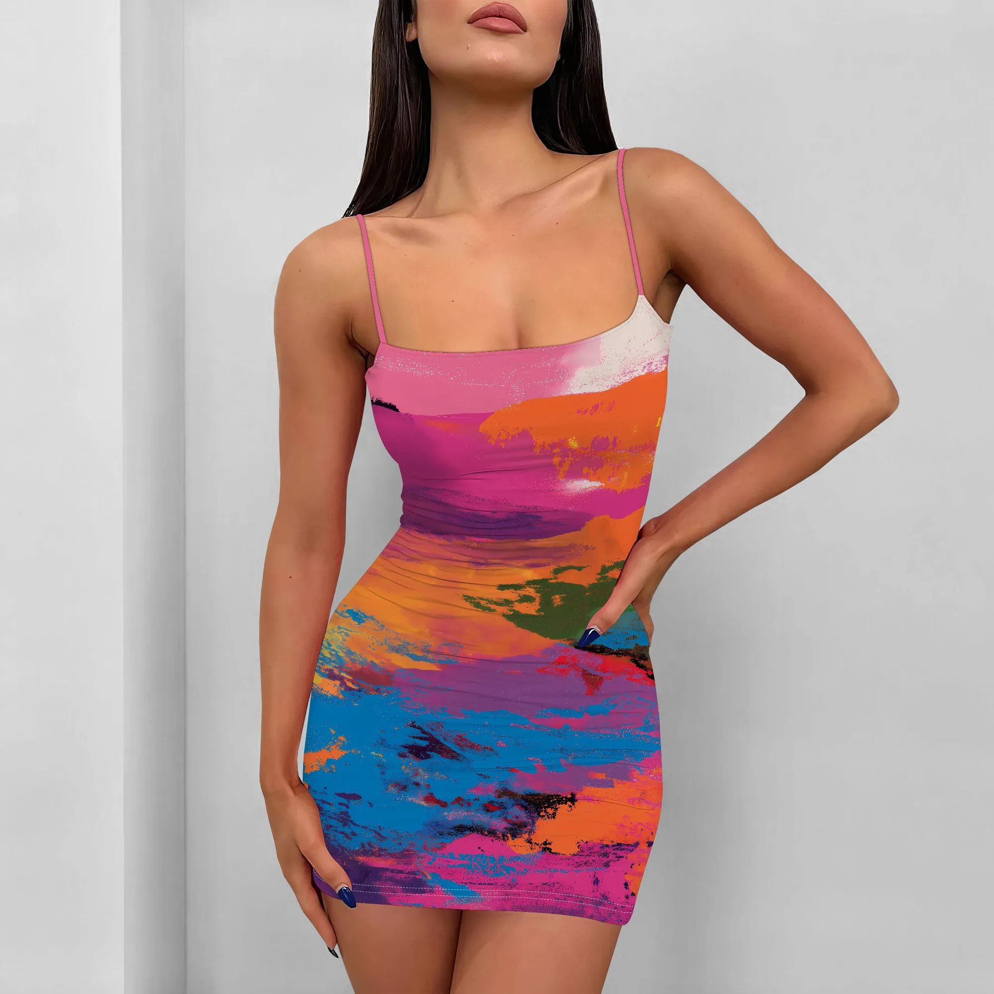 

Nupusa Colorful Abstract Print Dress for Women Standard Size Summer Casual Spaghetti Strap Mini Dress