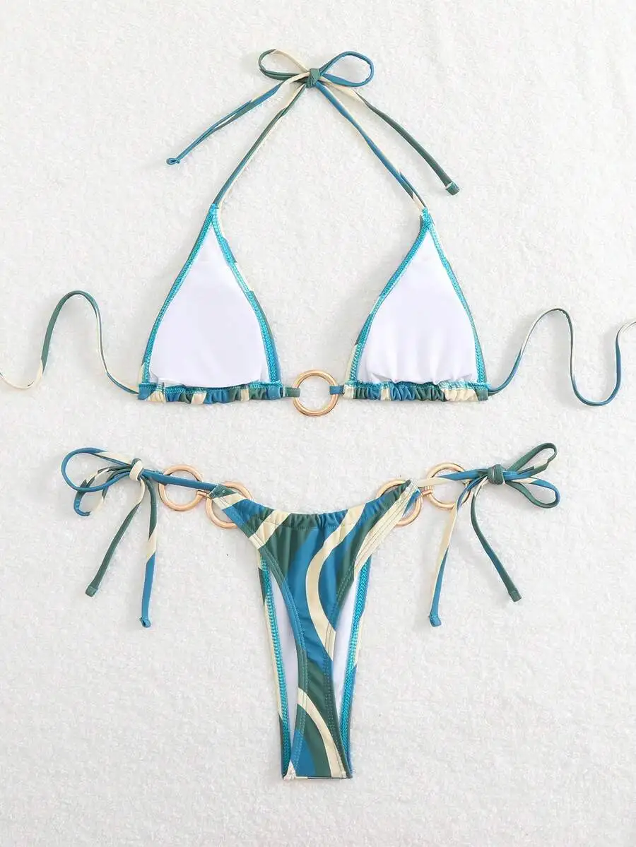 

Fashionable Triangle Bikini Set With Circular Ring Tie Side Beach Summer Swimsuit