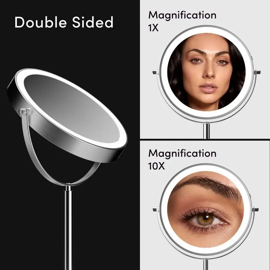 مرآة مكياج مضاءة 9 بوصة قابلة للتعديل مع تكبير 10X 1X قابلة لإعادة الشحن، مرآة زينة LED مزدوجة الجوانب مع ضوء
