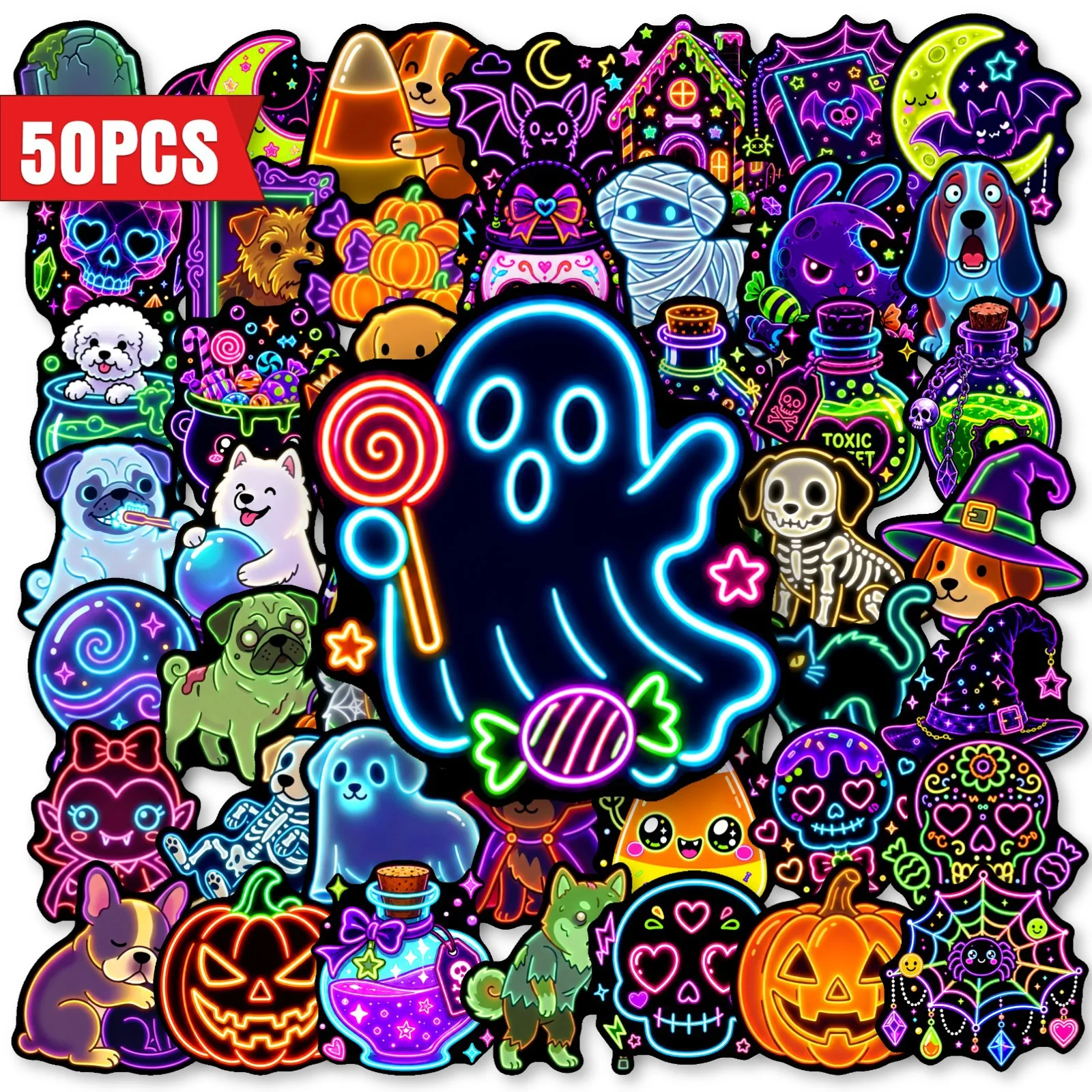 50 PCS Halloween Neon Style Funny Pet Pumpkin Stickers For Atmosphere Decoration DIY Helmet Skateboard Waterproof Decals
