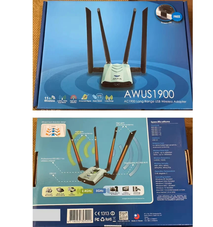 Original ALFA AWUS1900 RTL8814AU Chip for Mac Linux Kali Raspberry Pi  GEEKS HACKER Network Wifi Link Taiwan