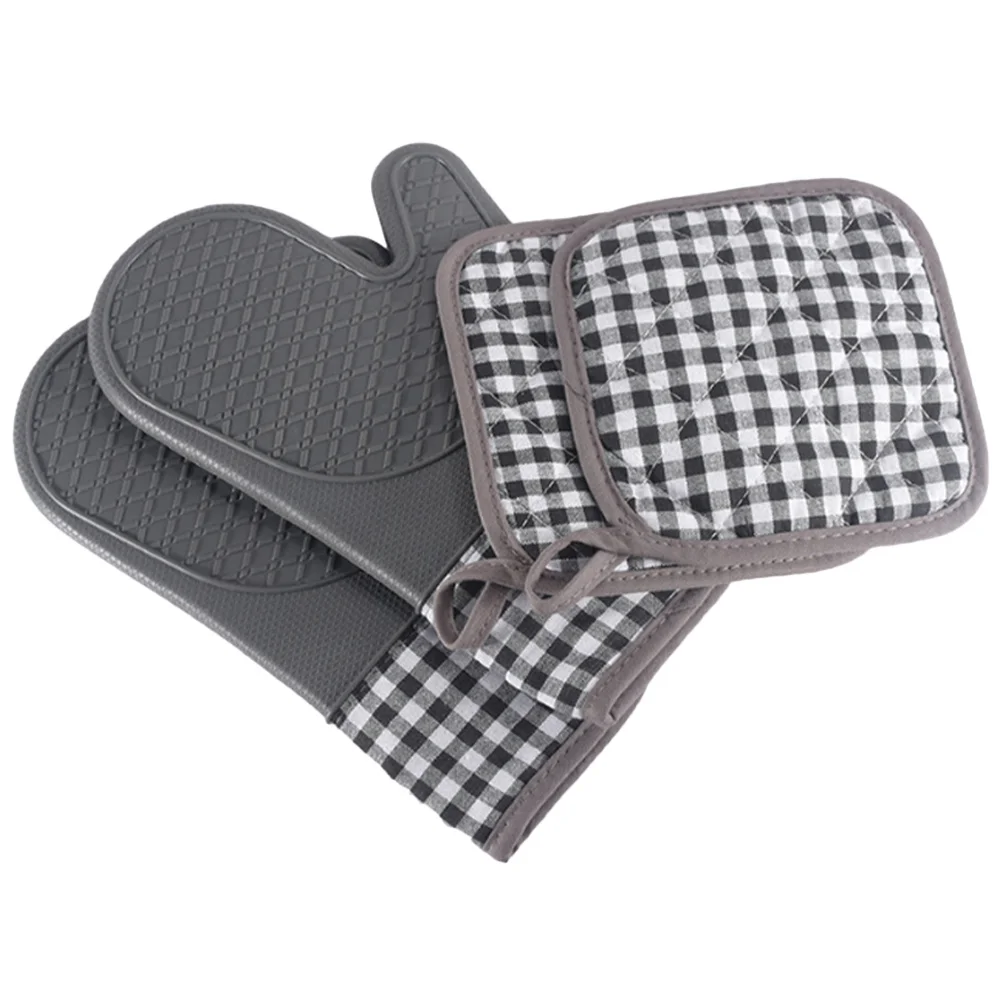 

1Set Heat Resistant Oven Gloves Pot Holders Silicone Polyester Non Slip Cooking Baking Mitts Oven Mitts