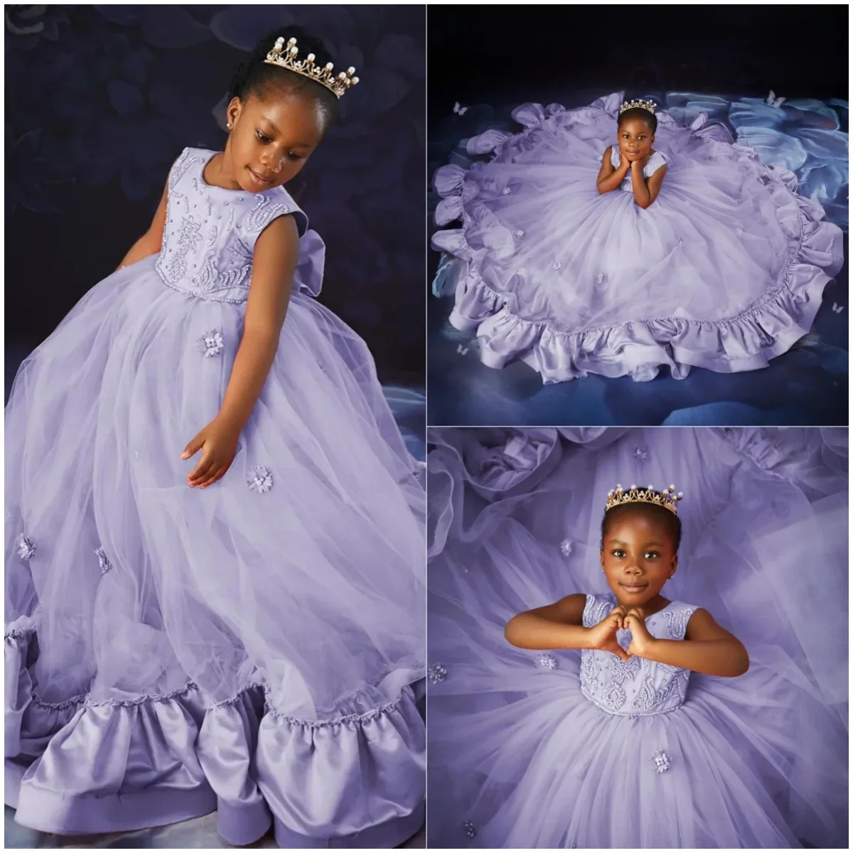 

Lilac Flower Girl Dresses For Wedding Beaded Tulle Sleeveless Floor Length Puffy Kids Baby Girls First Communion Gowns