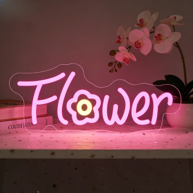 Pink Flower Neon Sign with Floral Romantic Home Decor for Bedroom Wedding Living Room Floral Shop LED Wall Art Lighting Gift