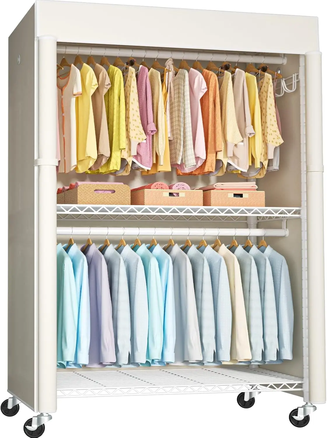 White Rolling Closet with Beige Cover, Metal Garment Rack for Hanging Clothes, 46