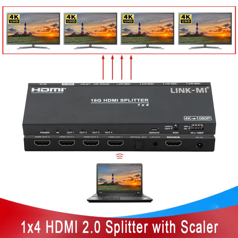 

1x4 HDMI 2.0 Splitter with Scaler/Audio Extract 18G HDMI 2.0b 4K2K@50/60Hz Audio Video Splitter HDMI Splitter 1x4