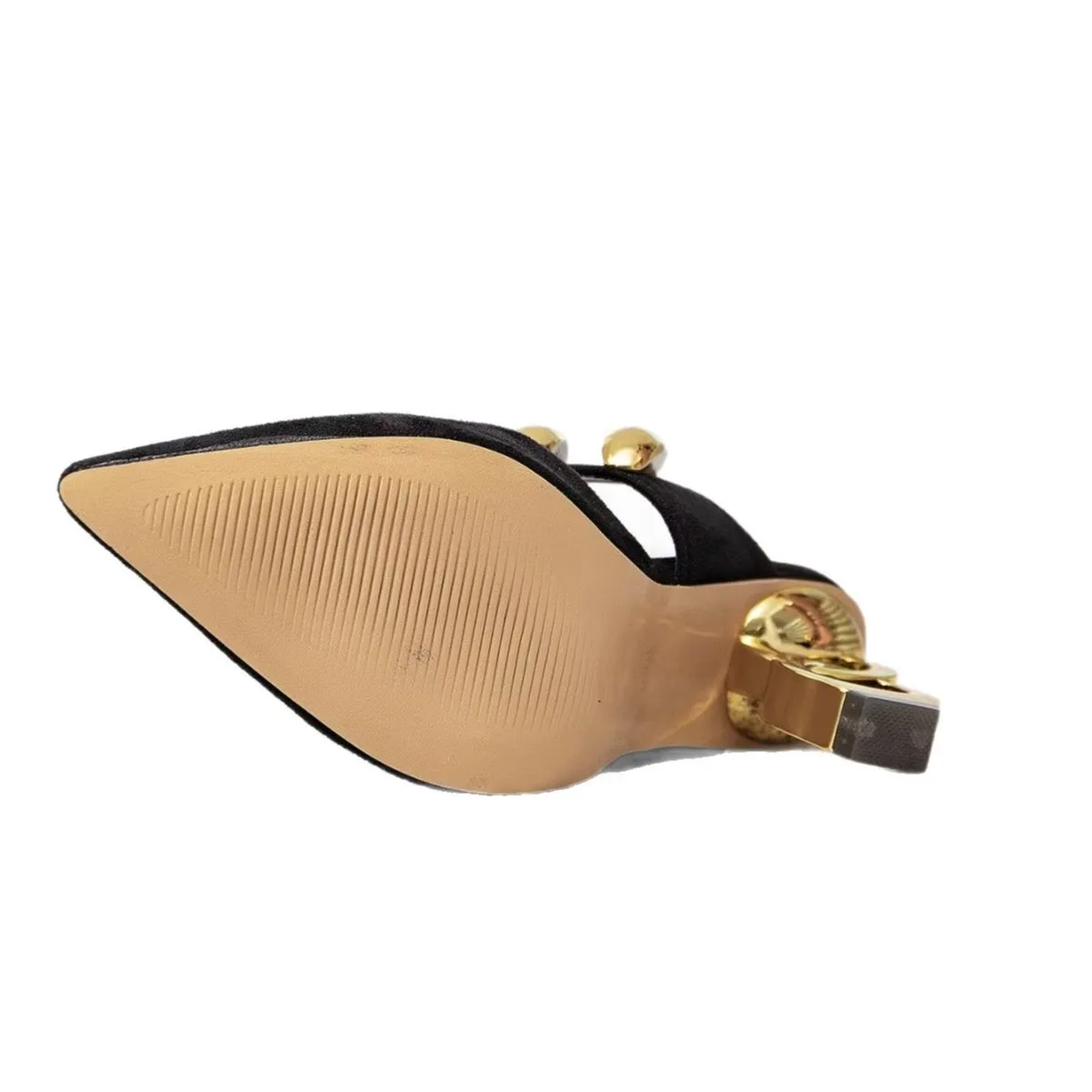 Women's Summer Fashion Black High Heel Sandals Pointed Irregular High Heel Sandals Slippers Gold Metal Decorative High Heels view 6