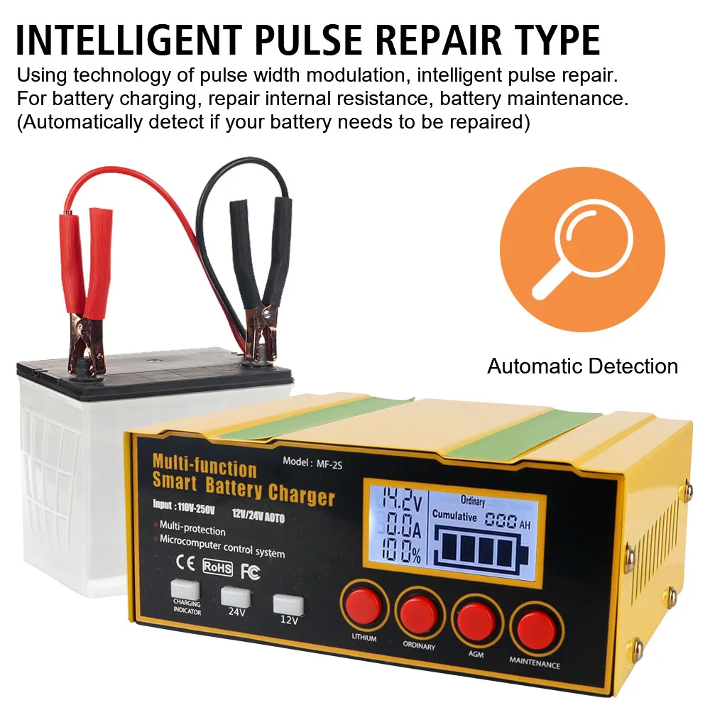 220W Pulse Repair Battery Charger Truck Motorcycle Charger 12V12A 24V8.5A 110V-250V Input LED Display AGM Car Battery Charger
