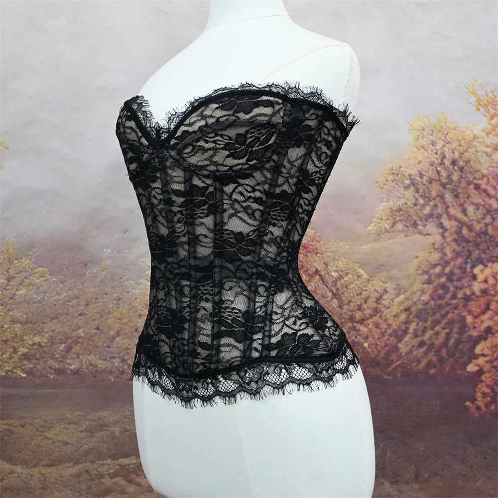 Women Overbust Corset Top Cup Push Up Sexy Transparent Lace Floral Strapless Fishbone Bodice Lace Up Body Shaper Lingerie