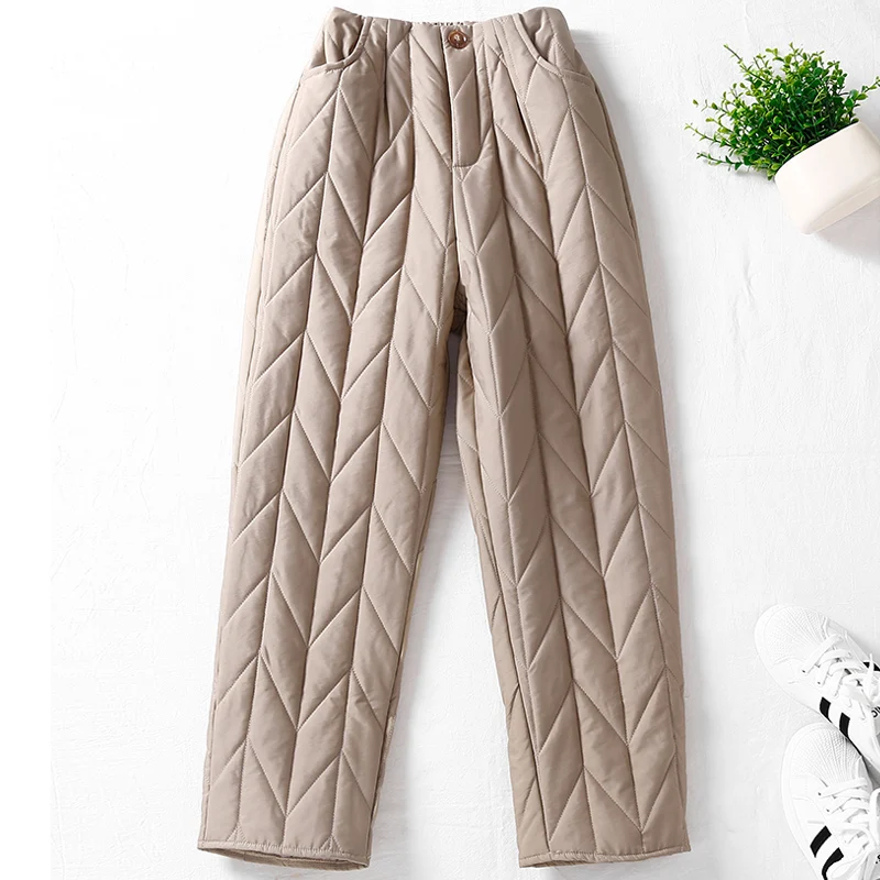 

Korean Style Women Harem Pants 2024 New Winter Female Vintage Plaid Cotton-Padded Slim Pencil Pants Quilted Outerwear Trousers