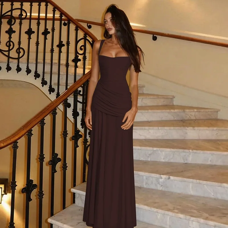 One Sleeveless Gown Midi Waist Elegant Pleated Dress with Strap Style Slim Fit Maxi Length Square Neck Pullover for Women