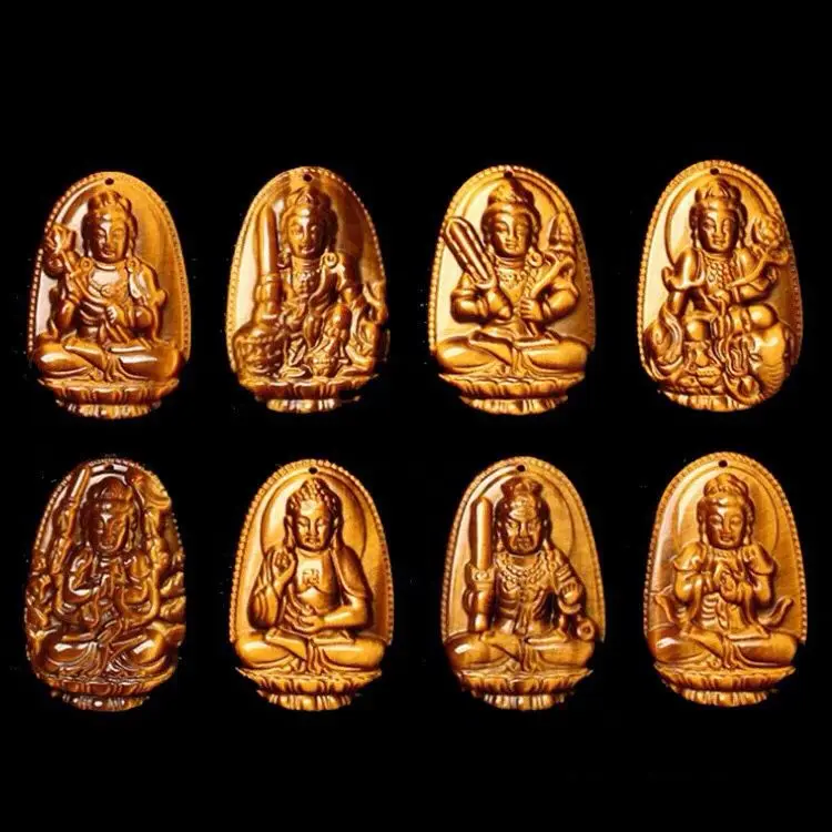 Natural Gold Tiger Eye Stone Eight Patron Deity Pendant Carving Tiger Clear Stone Twelve Zodiac Birth Year Buddha Bead Charms