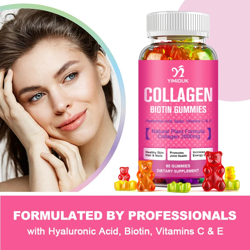 Collagen Biotin Supplement Protein Support Anti Aging Strong Nails Shiny Hair Glowing Smooth Skin Vegan Gummies