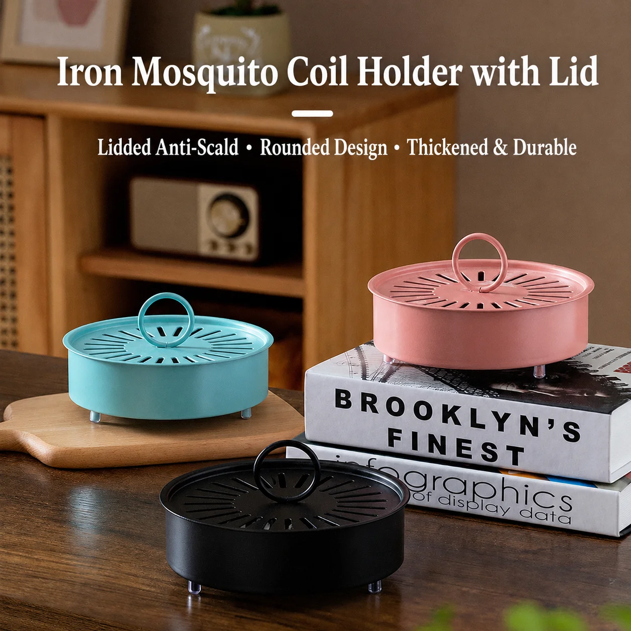 Outdoor Mosquito Coil Holder with Lid, 15cm Carbon Steel Ash Tray, Heat-Resistant Incense Burner for Patio Camping Garden