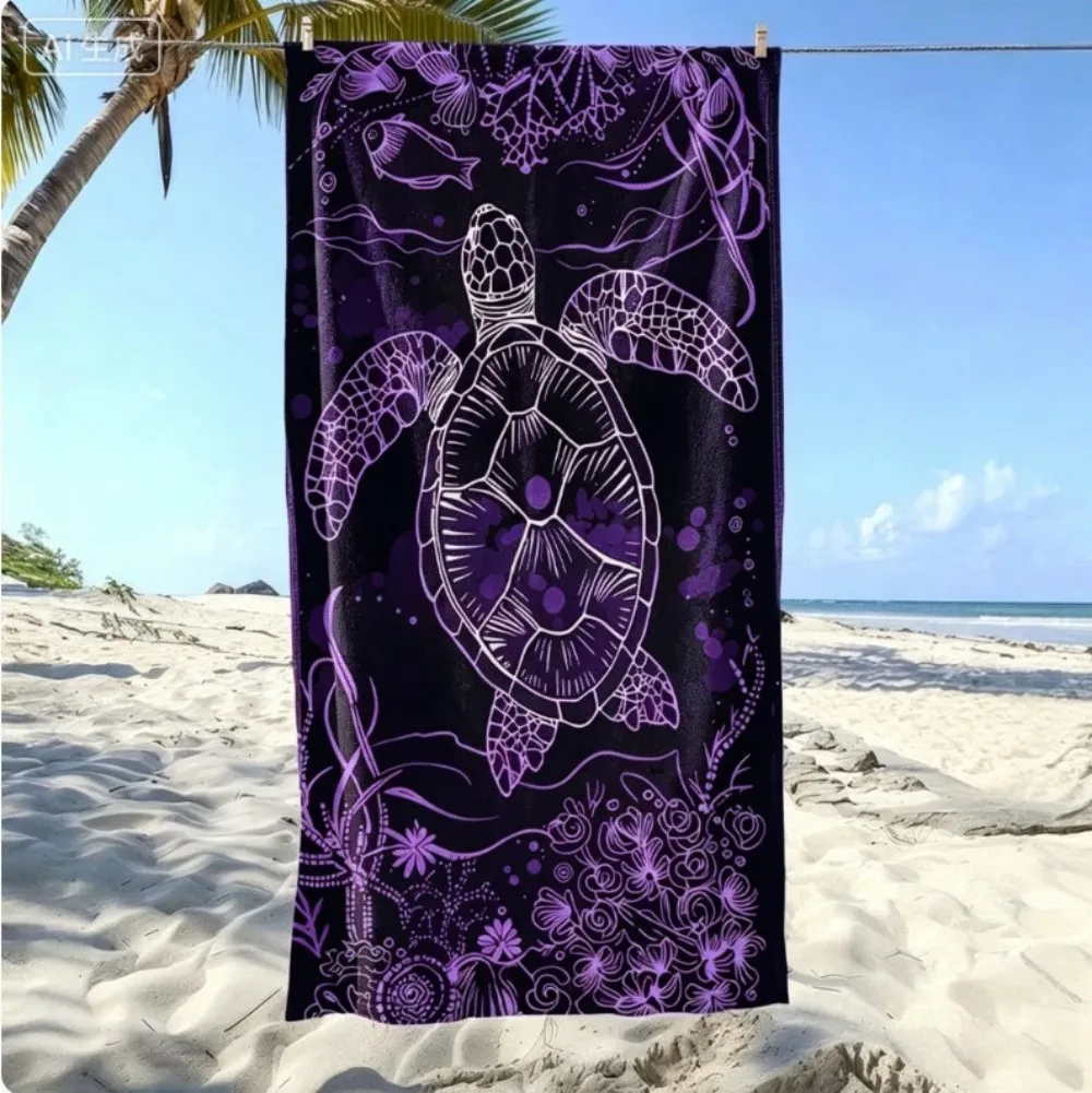 Neon Line Sea Turtle Microfiber Beach Towel, Dark Blue Ocean Life Bath Towel, Aesthetic Mystic Animal Travel Blanket for Women