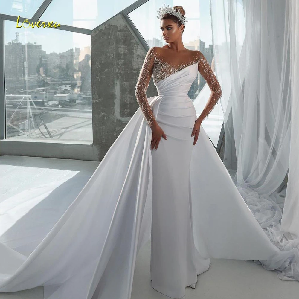 Loverxu Mermaid Satin Wedding Dresses Sweetheart Long Sleeve Vestido De Novia Beading Detachable Train Custom Made Bridal Gown