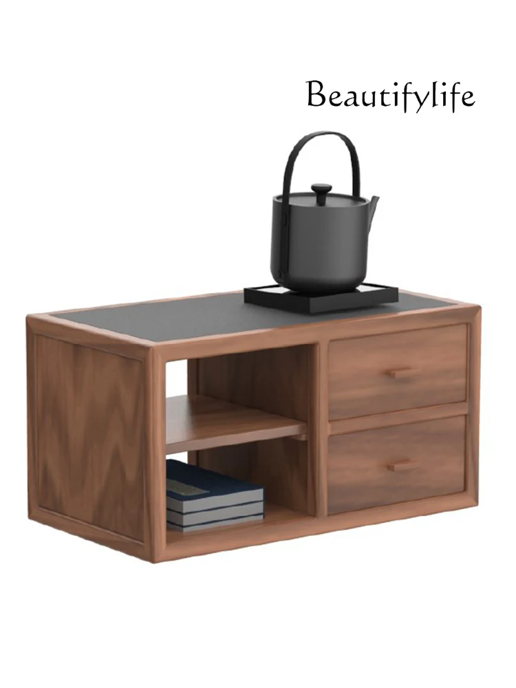 

New Chinese Style Black Walnut Black Stone Countertop Organizer Tea Table Zen Tatami Mat Tea Side Cabinet