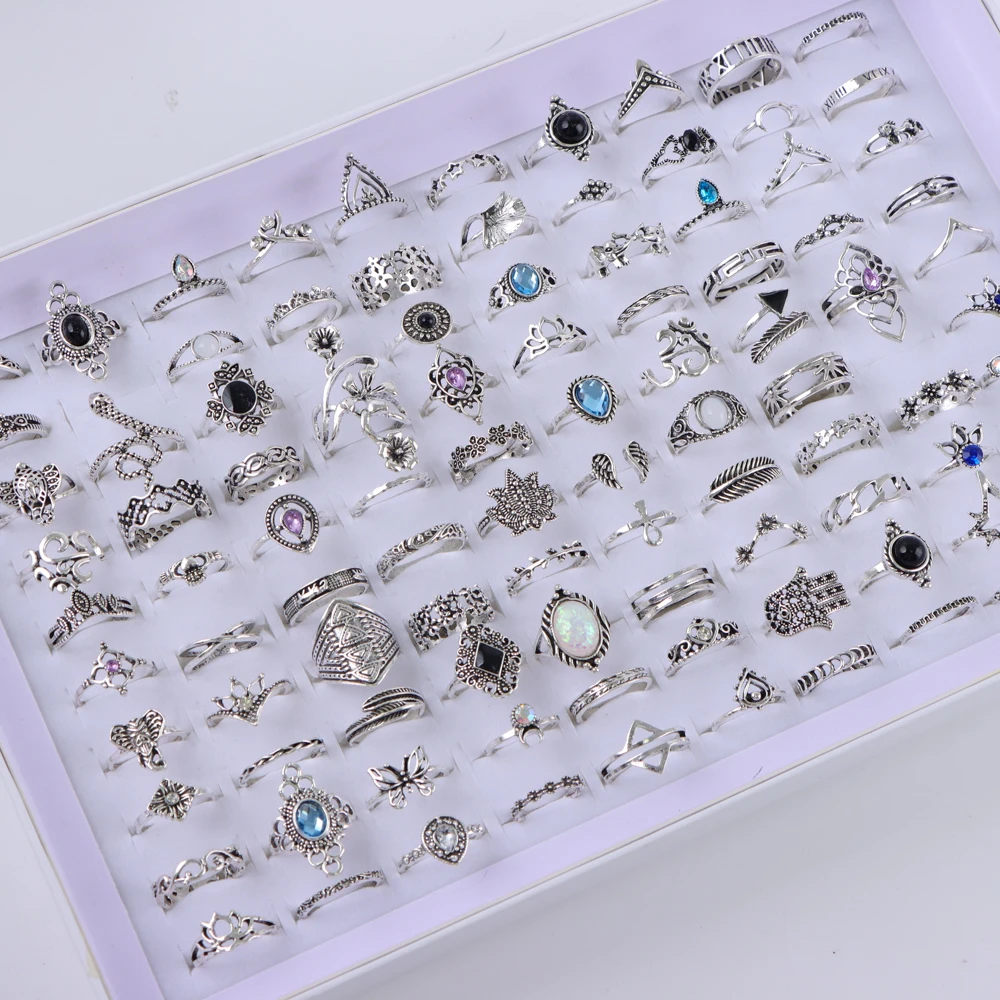 100Pcs/Lot Bohemia Elegant Vintage Mix Style Rhinestone Flower Geometry Finger Rings For Women Party Gift Jewelry Accessories