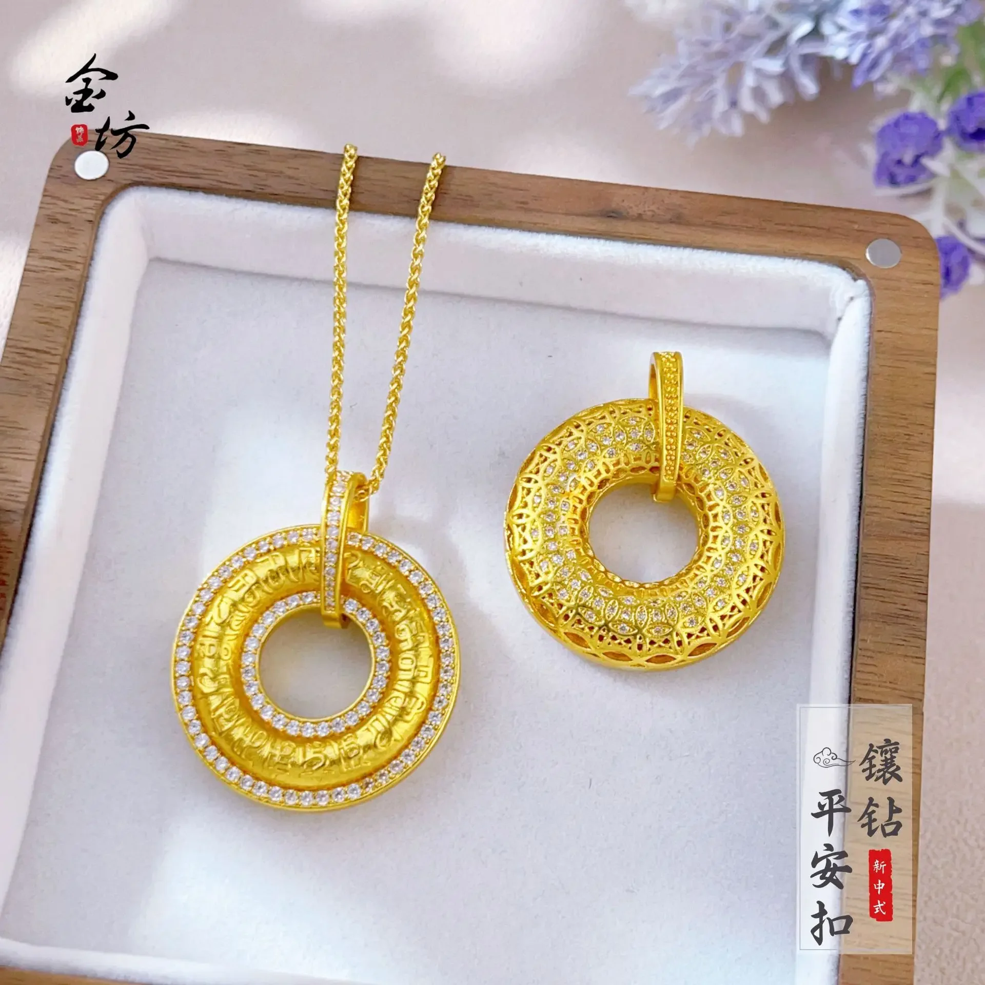 Mylux Jewelry Gold shop 24K real gold dot diamond coins six-character mantra peace buckle pendant zu999 pure gold retro necklace