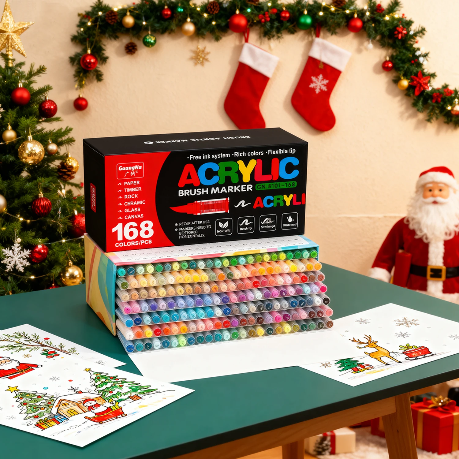 

168 цветов в коробке, набор маркеров с рождественской тематикой-мягкие прямые жидкие акриловые маркеры для DIY Holiday Doodle Art Painting