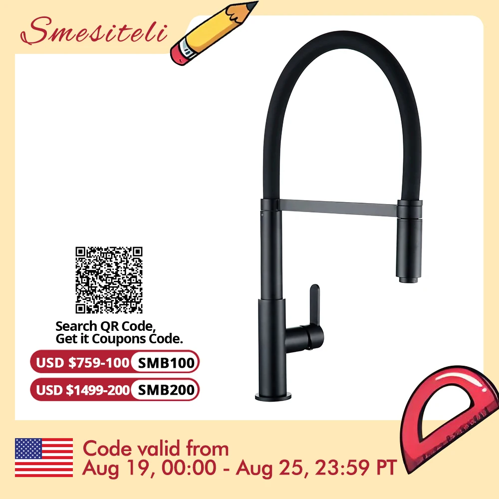 

Smesiteli Kitchen Faucets Round Matte Black Brass Single Handle Single Hole 360 Degree Swivel Mixer Sink Tap Pull Out Down Taps