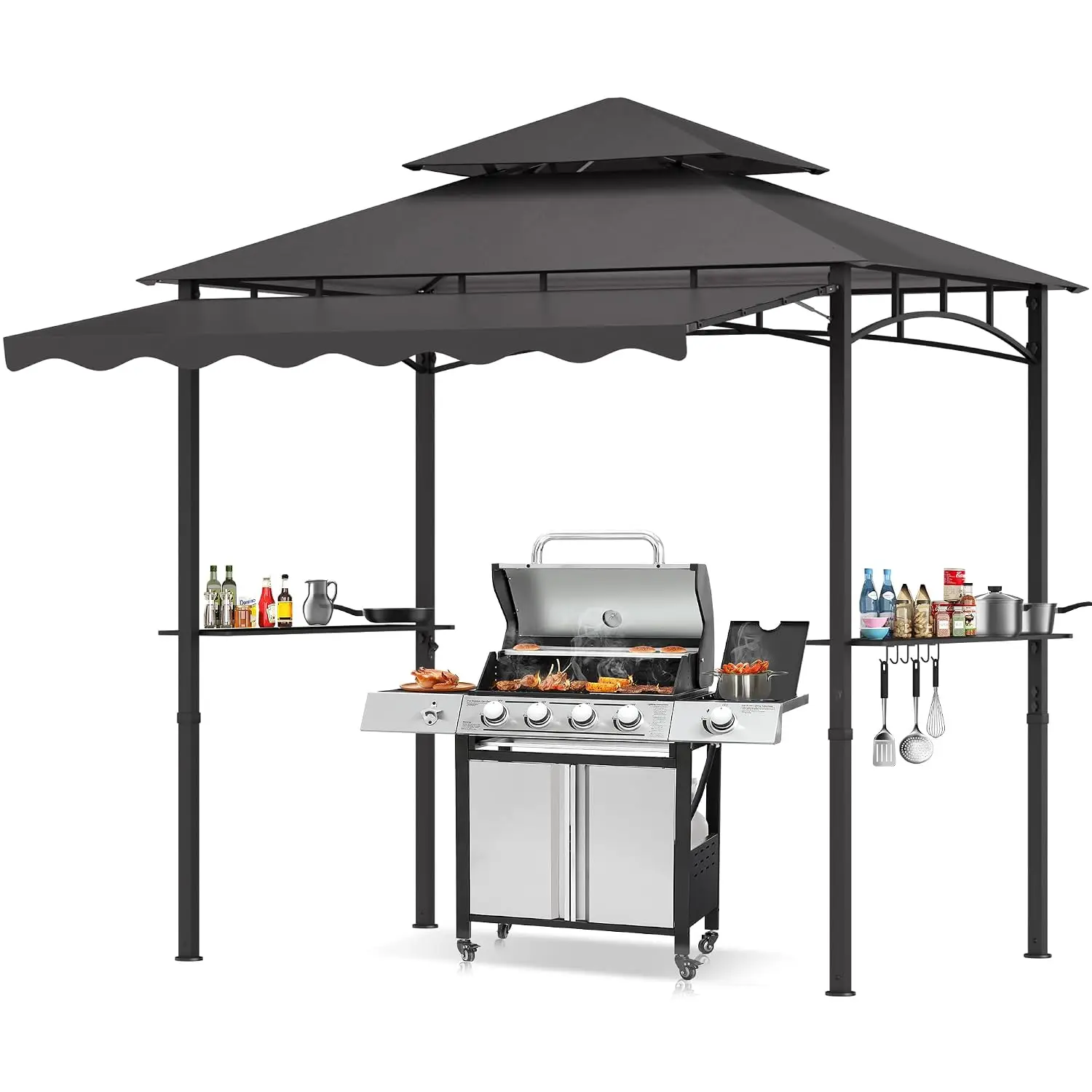 Double Tiered Grill Gazebo with Awning, BBQ Canopy Tent with Shelves Hooks, 8'x8' Metal Frame for Patio Lawn Deck, Customized