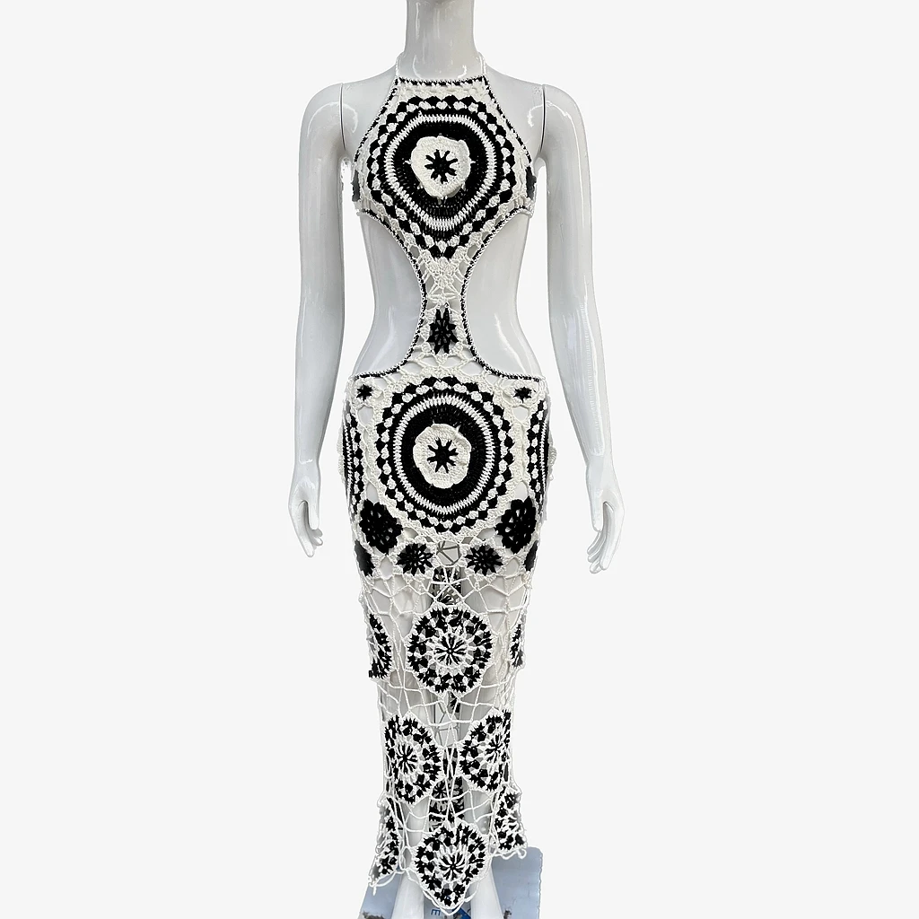 White Combo Halter Backless Crochet Knit Long Maxi Dress for Women Sexy Hollow out Summer Club Party Outfit Fashionable