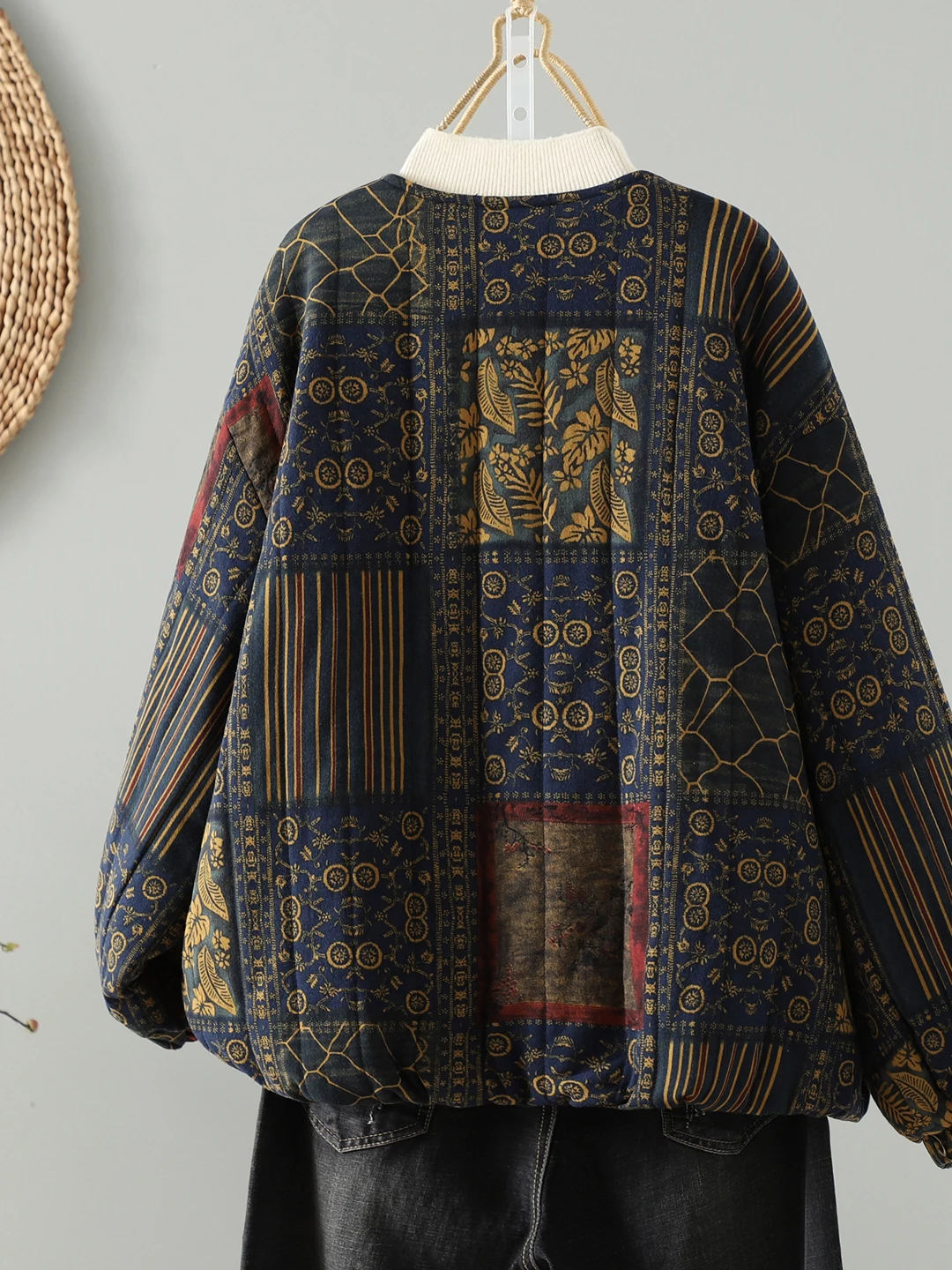 Women's Retro Ethnic Print Button up round Neck Loose Short Cotton Jacket Thickened Winter Coat Comfortable Cotton Blend