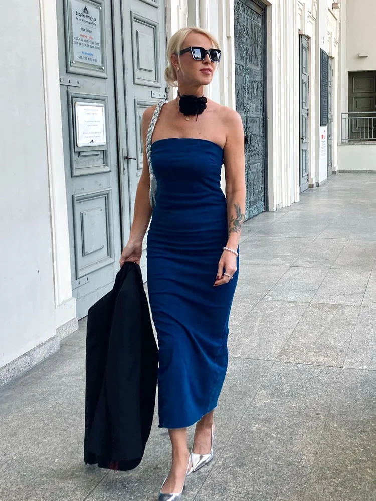 Suninbox 2023 Women Sexy Elastic Denim Dresses Midi Elegant Summer Strapless Dress Slim Fit Party Vestidos High Street Outwear