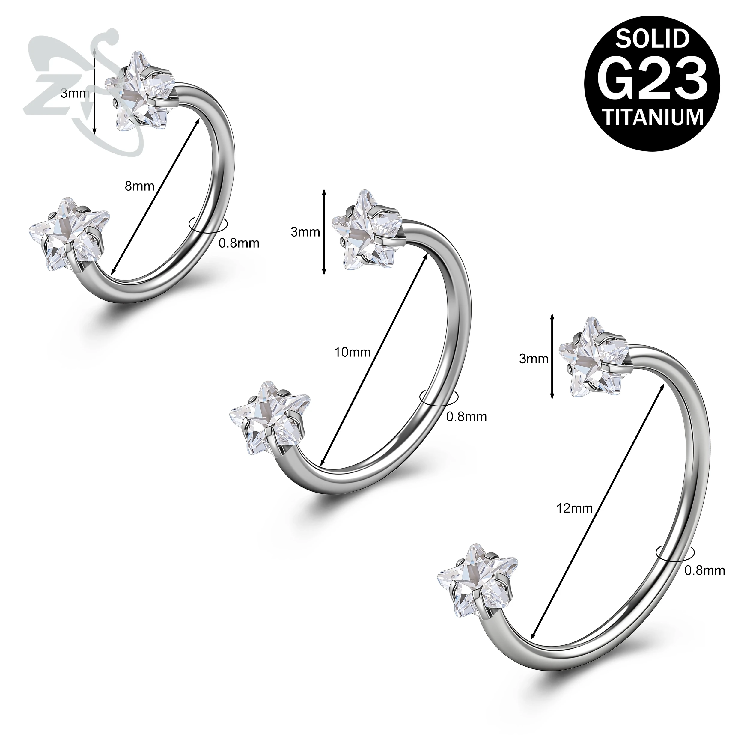 ZS 1 PC 20/18/16G ASTM-F136 Titanium Steel Nose Ring Star CZ Crystal Septum Piercings Horseshoe Cartilage Helix Piercing Jewelry