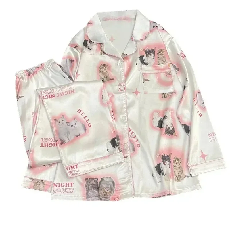 

Kawaii Youth Girl's Pjs Satin Homewear Long Short Fashion Pyjama Cute Cat Print Summer New Thin Pajamas for Women Silk Home Set