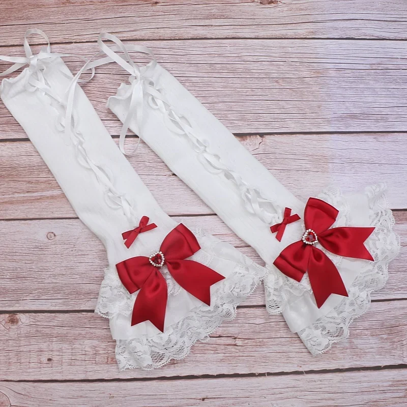 Handmade Sweet Women\'s Lolita Mine Lace Bow Rhinestone Oversleeves Girls Japanese Style Lace Sleeves Mittens