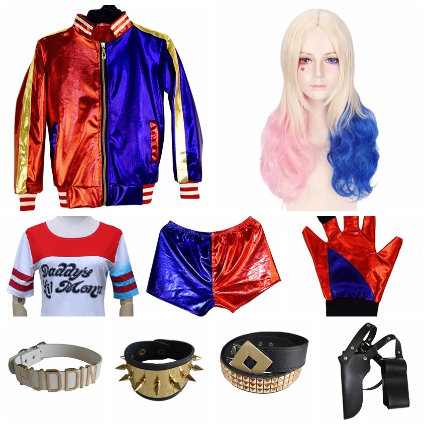 Disfraz de Harley Quinn para Halloween, conjunto completo de chaqueta, camiseta, pantalones, accesorios para niños y niñas adultas