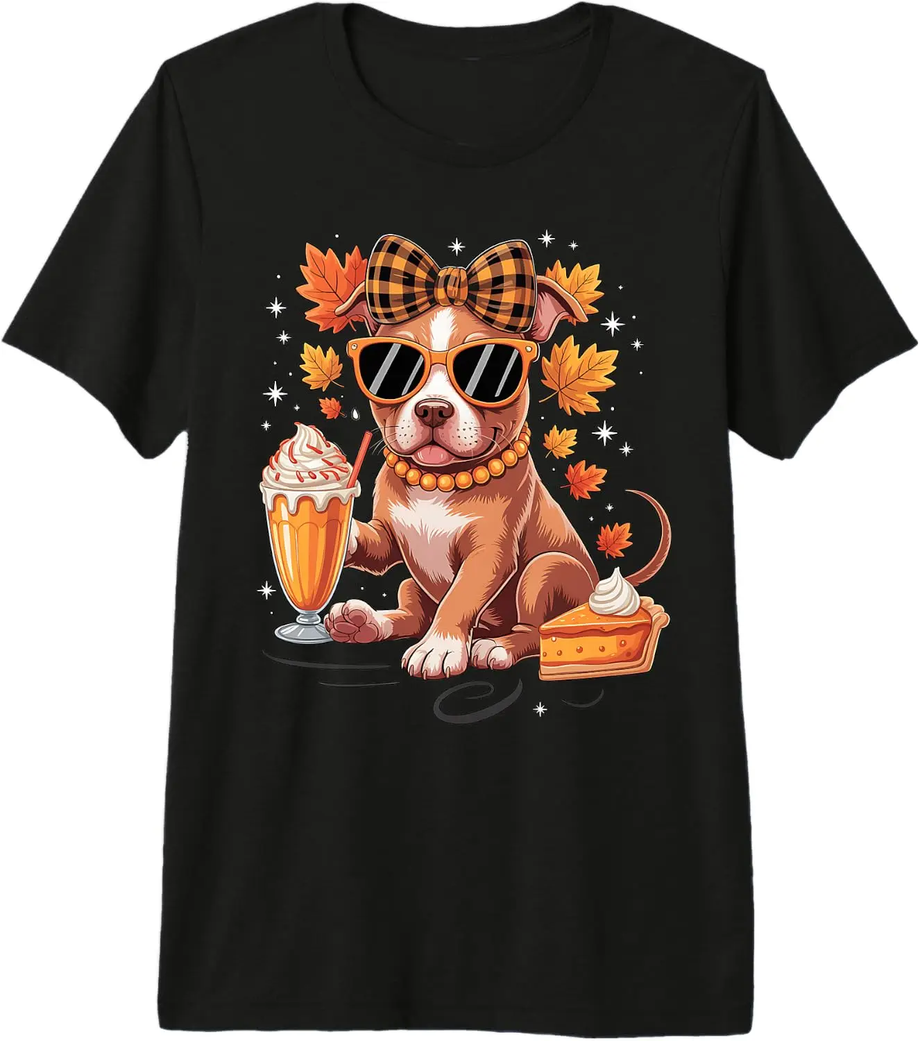 Pitbull Dog Bow Girls Women Fall Autumn Leaves Thanksgiving Premium Tri-Blend T-Shirt 100% Cotton Trendy Y2K Short-Sleeve Tee –