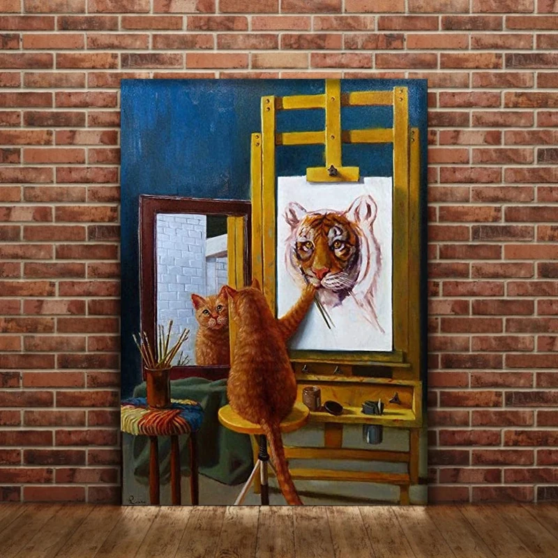 Funny Cat Confidence Self Portrait As A Tiger Poster Prints For Living Room Creative Animal Canvas Painting Wall Art Home Decor