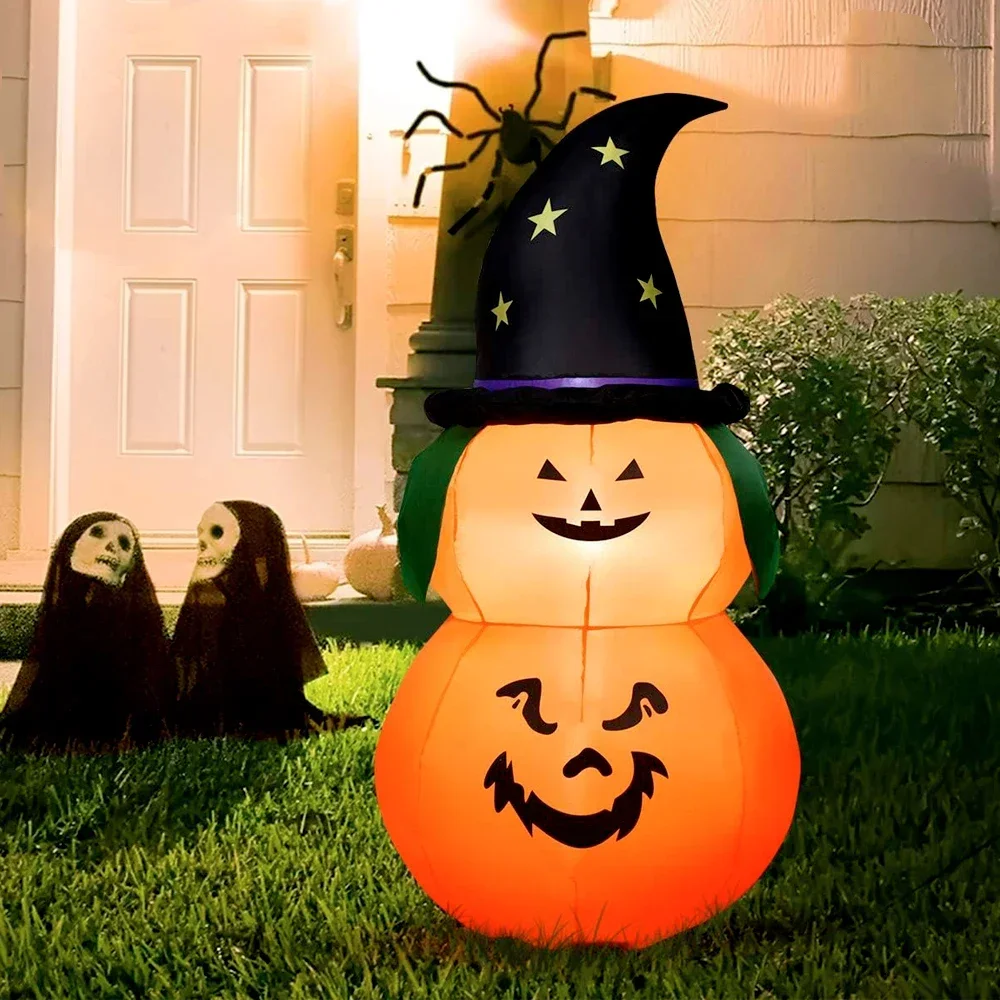 5FT Halloween Inflatable Pumpkins with Witch Hat Built-in LED Lights Blow Up Outdoor Yard Garden Lawn Holiday Decorations