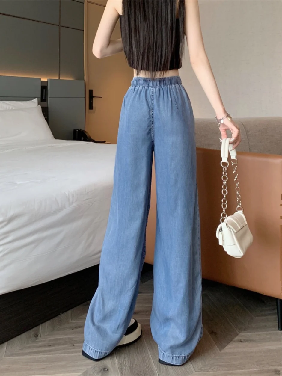 جينز نسائي عالي الخصر وواسع الساق صيفي رفيع وفضفاض وخصر مرن وفضفاض مناسب للتخسيس سروال طويل #5