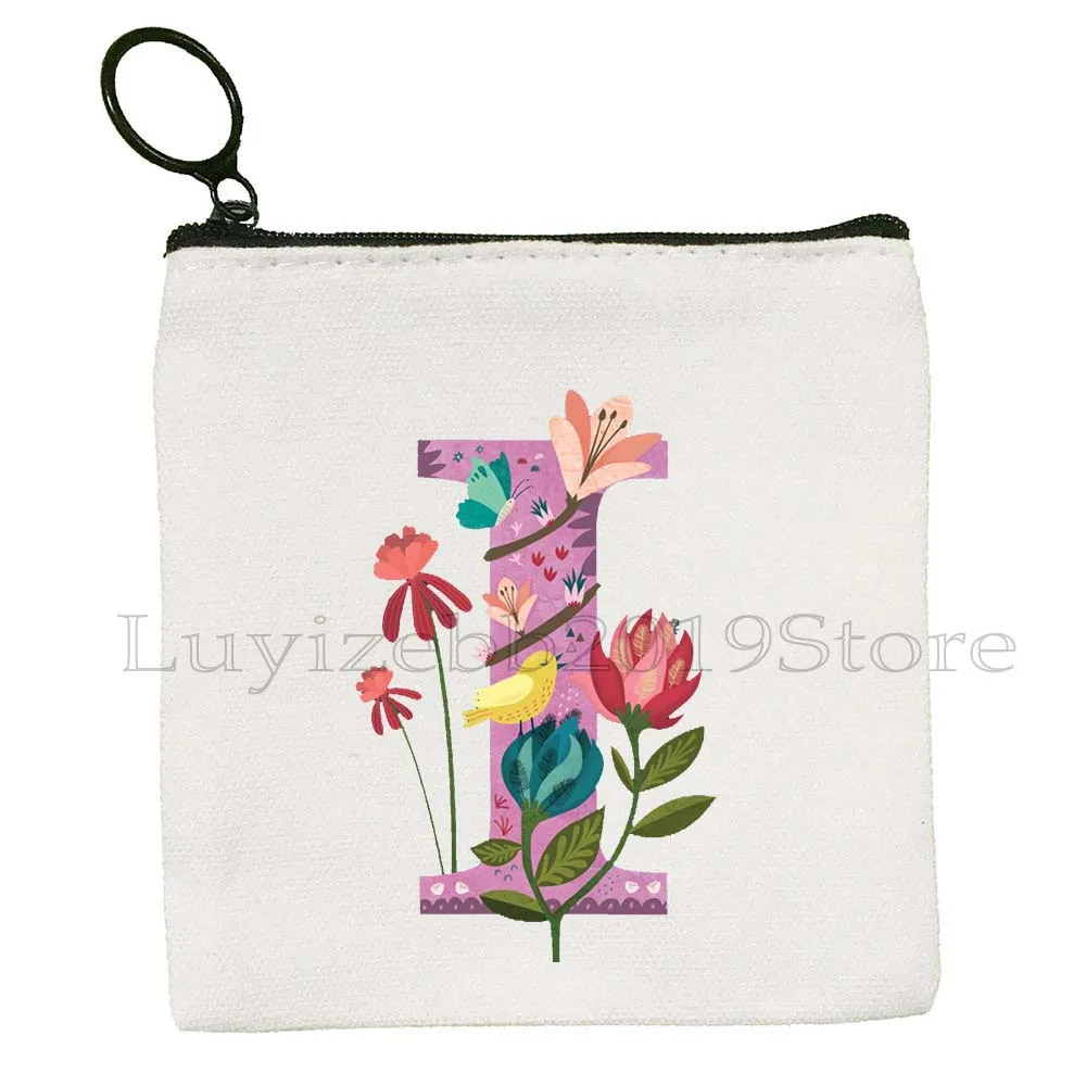 귀여운 꽃 편지 A Z 수채화 꽃 초기 편지 인쇄 생일 선물 캔버스 동전 지갑 키 케이스 가방 지갑 지퍼 주머니