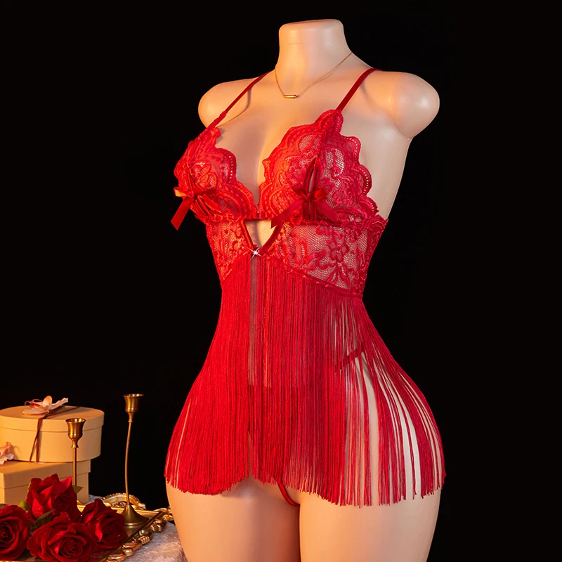 Transparent Lace Women Red Strap Tassel Skirt Nightgown Thong Set Underwear Deep V Bow Bra Sexy Lingerie view 4