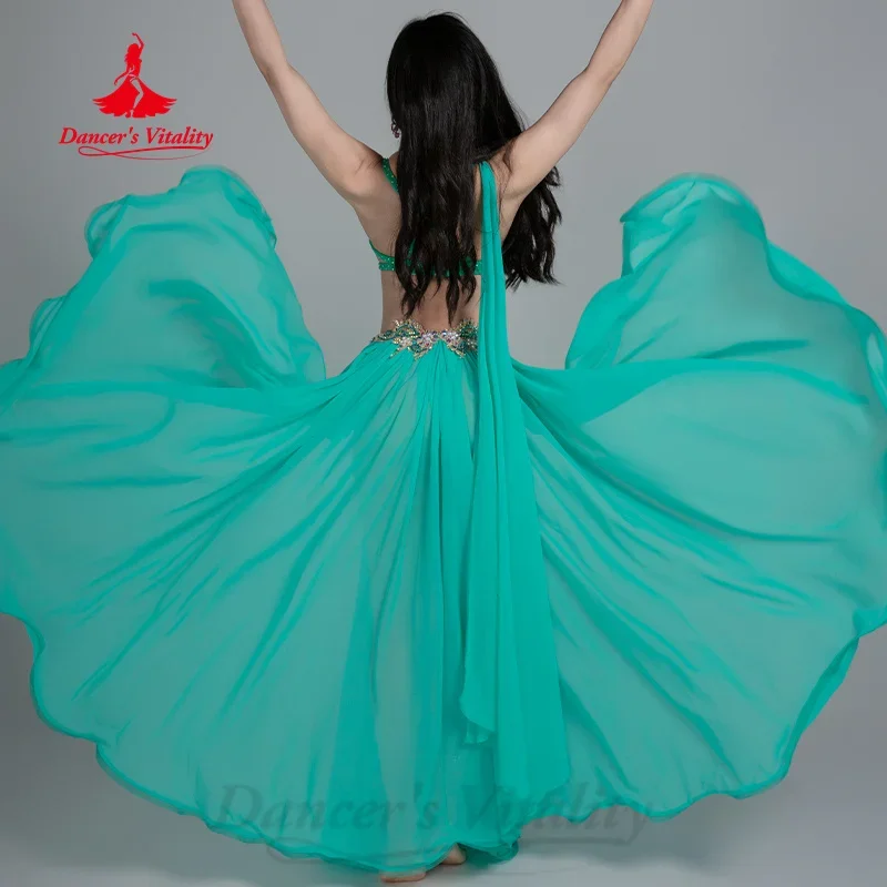 Комплект для танца живота для женщин, изысканный жемчужный бюстгальтер + шифоновая длинная юбка, 2 предмета, профессиональный костюм для восточных танцев для девочек