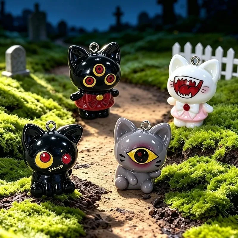 4Pcs Cute Halloween Monster Black Cat Resin Charms 3D Devil‑Eye Kitten Pendants for DIY Keychain Necklace Jewelry Making
