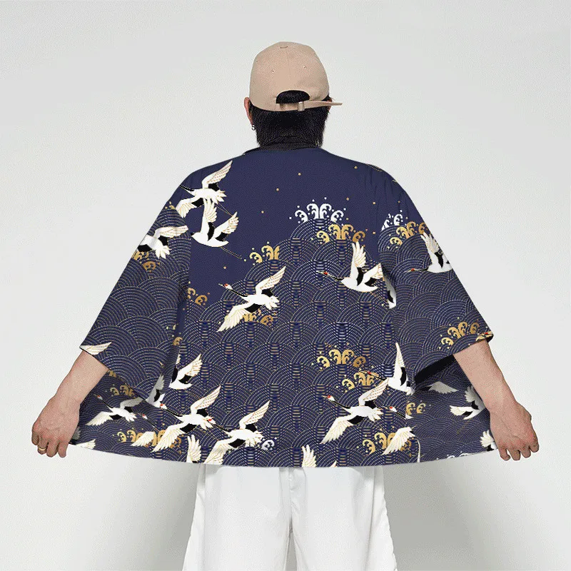 

White Cranes Dancing Print Shirt Clothing Traditional Haori Cosplay Kimono Women Men Japanese Asian Streetwear Cardigan Yukata