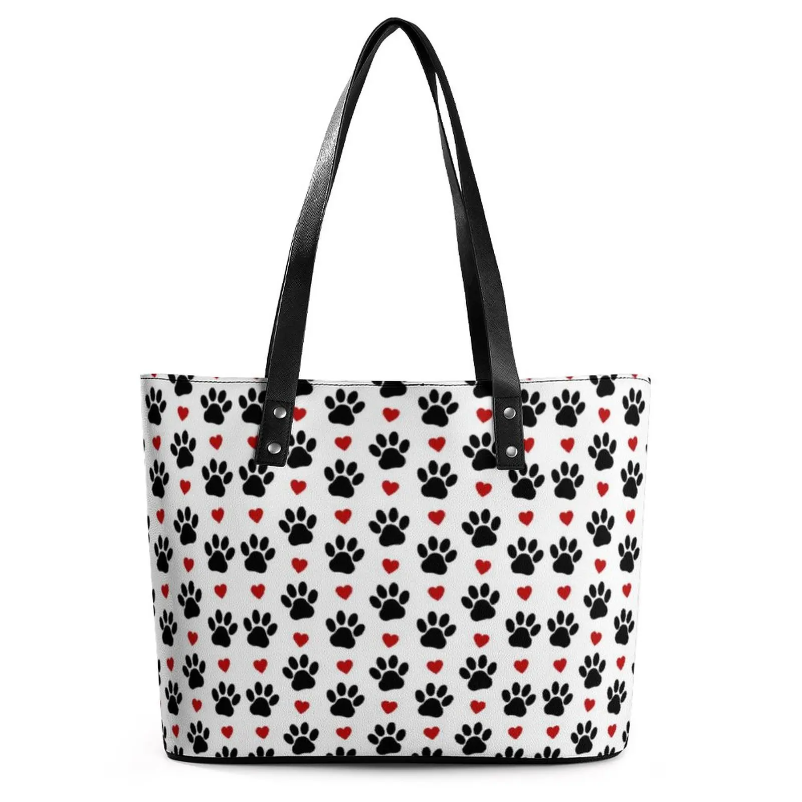 

Cute Red Heart Handbags Black Paws Print Grocery Tote Bag Women Elegant Shoulder Bag Designer Top-Handle PU Leather Shopper Bags