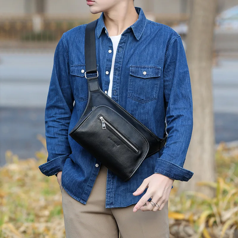 

Real leather men's crossbody bag with high-end style for business use, water-resistant, single-shoulder backpack