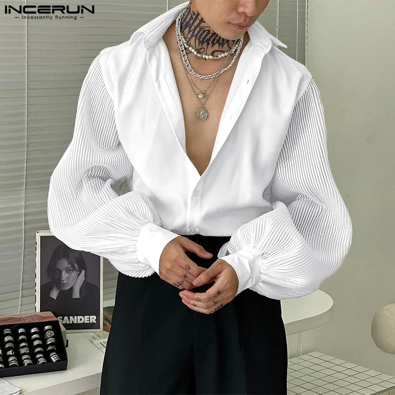 INCERUN Men Shirt 2026 Korean Style Fashion Men Shirts Casual Patchwork Puff Long Sleeve Leisure Streetwear Men Clothing