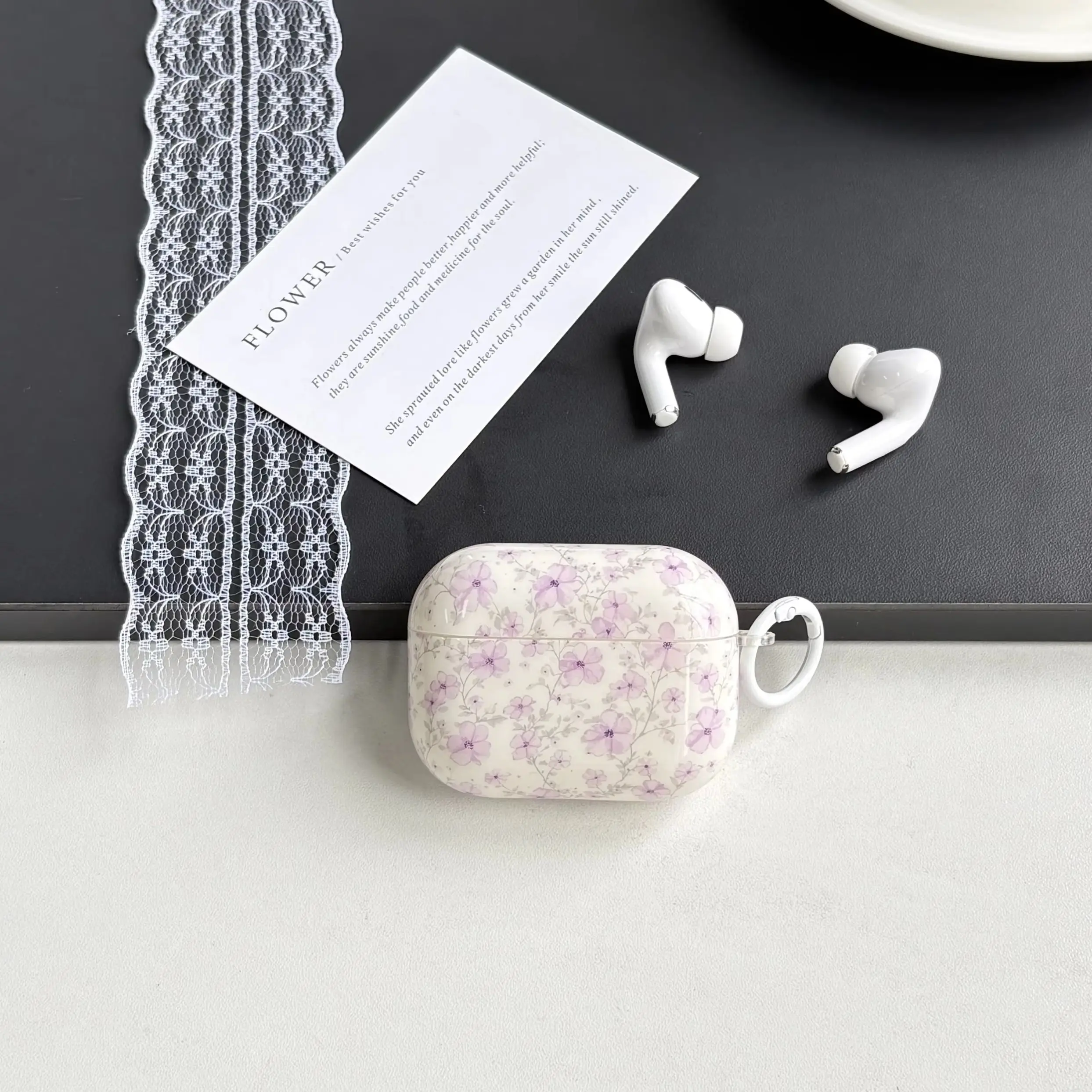 Simple French-Style Purple Floral Flowers Pattern White Glossy Protective Cover Case For AirPods 1 2 3 4 Pro Pro2 Pro3