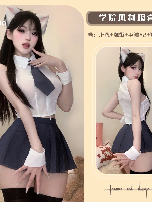 Student Chiffon Shirt Split Uniforms Underwear Pure Desire Academy JK Short Skirt Set Slim Fit Waist Appear Thin Summer UEX2