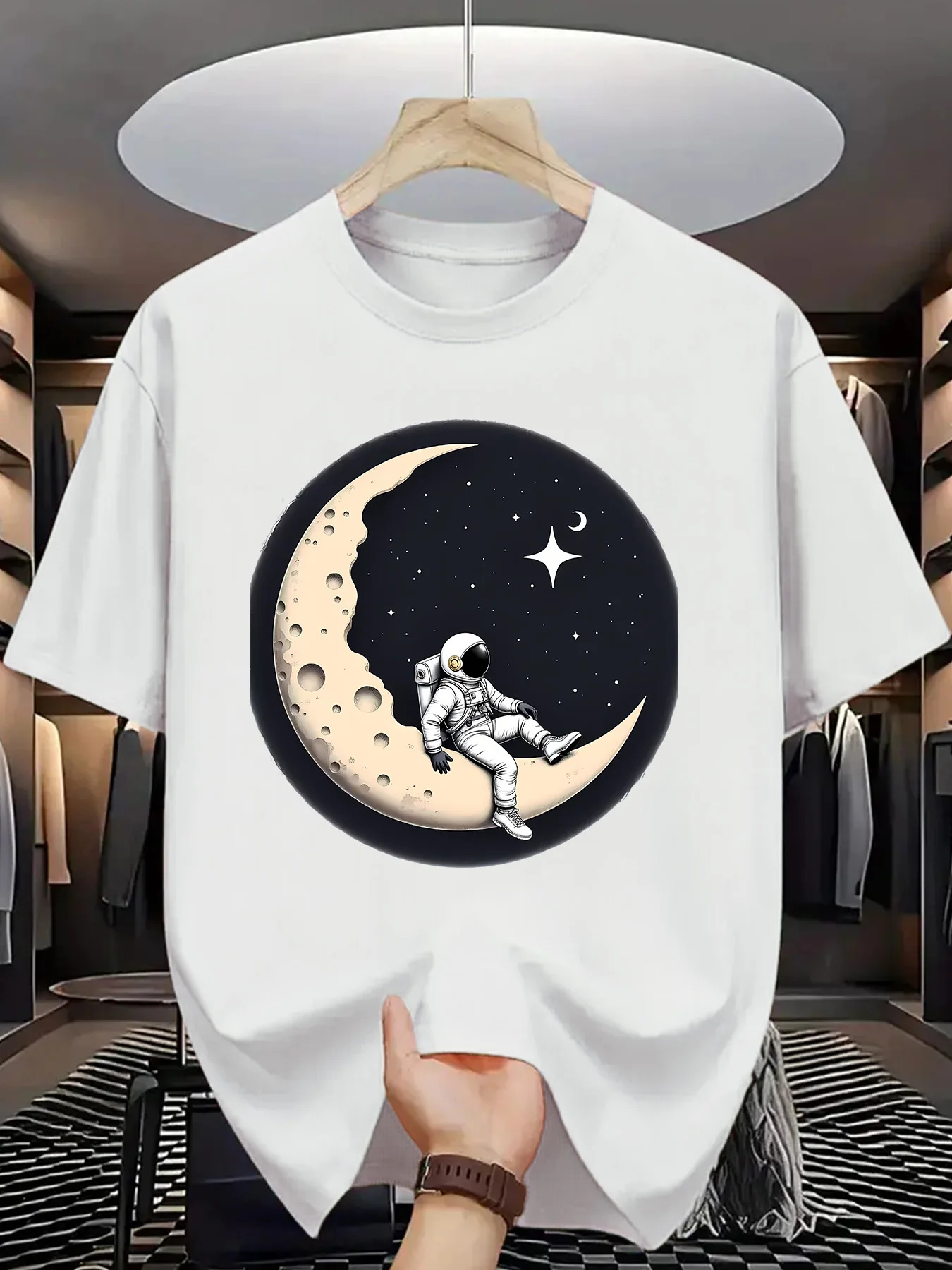 Space Theme Men Short Sleeve Tshirt Astronaut Resting On Moon Starry Night Print O Neck Tee Cosmic Art Male Casual Fashion Tops