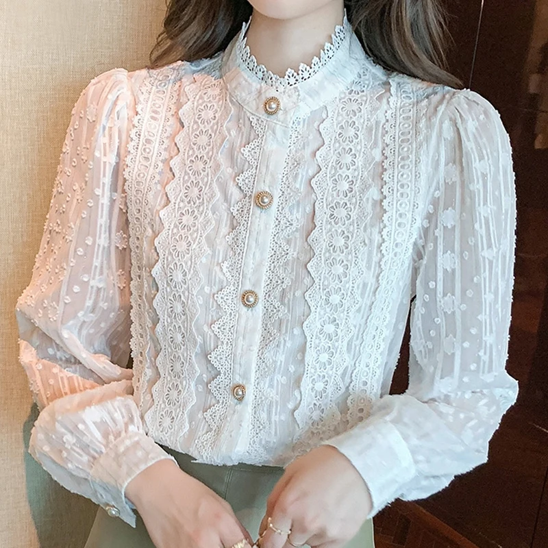 Spring Women Lace White Blouse Shirt Women Tops Long Sleeve Blouse Women Blusas Mujer De Moda 2024 Blouses Women Shirts Top E382