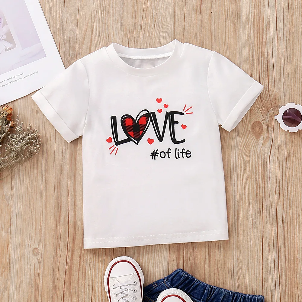 2024 Summer Children Casual Short Sleeve O Neck Letter Print Heart White Cute Fashion Baby Girl T-shirt 18M-7T